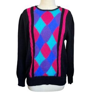 Vintage 80s Angenie wool blend sweater colorful argyle pattern XL